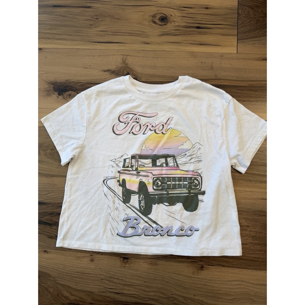 Ford Bronco Graphic Tee Women's Large White Cropped Retro Sunset Shirt